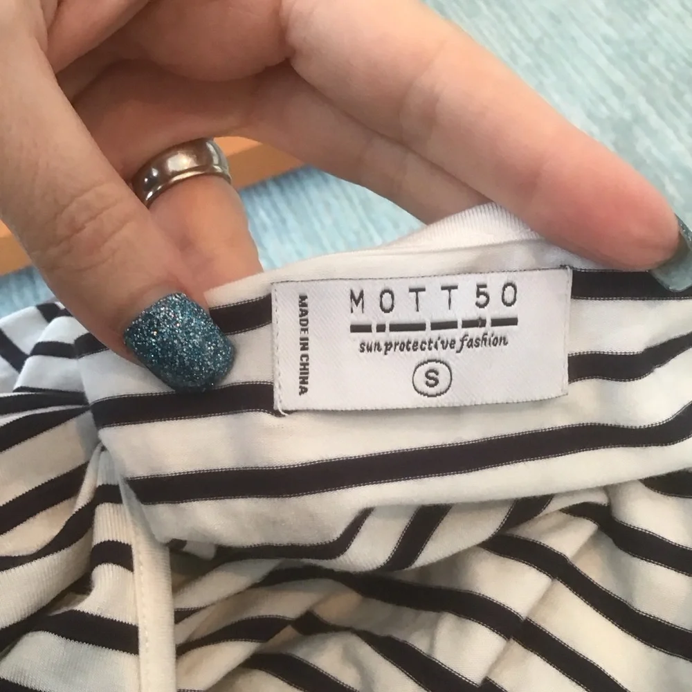 Mott50 Faith Bodycon Navy White Striped Bamboo Sun Protect SPF 50 Ruched Dress S